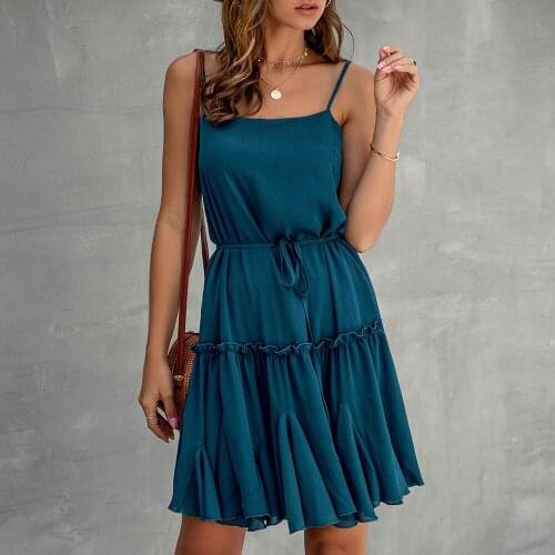 Women Summer Ruffles Dress 2020 Casual Sleeveless Suspenders Party Short Mini Dress Women Tee Neck Sling Ladies Dresses Vestidos