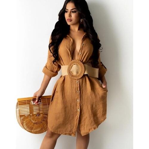 2021 Long Sleeve Summer Shirt Dress Women Button-up Knee-length Casual Loose Oversized Dresses Linen Shift Dress without Belt