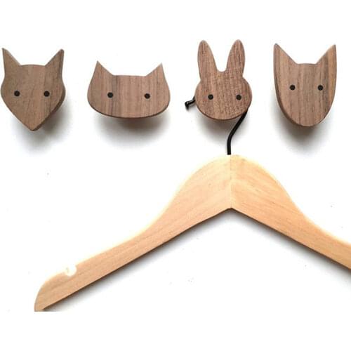 1pc Oak Walnut Wood Solid Hooks Cute Animal Fox/cat/rabbit/dog Children Room Decoration Wall Hook Key Holder Wall Nordic Modern
