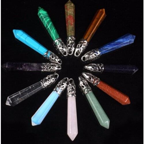 1pc Natural Stones Healing Crystals Carved Hexagonal Prism Pointed Pendant Silver Plated