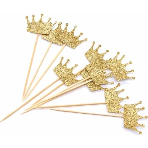 20pcs Gold Glitter Crown with Wood Stick Birthday Cake Topper Wedding Cake Birthday Cake Decoration Party Supplies
