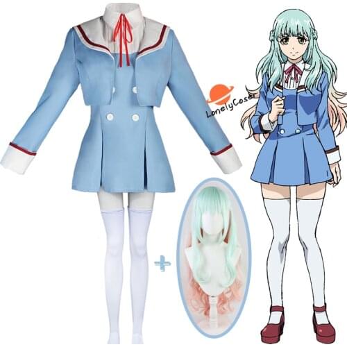 Anime High-Rise Invasion Shinzaki Kuon Cosplay Costume Long Curly Wig Light Blue JK School Uniform Party Skirt Suit Girls Women