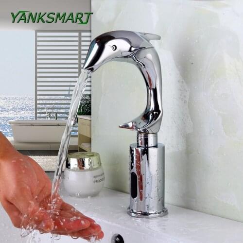YANKSMART Dolphin Style Deck Mounted Automatic Sensor Hands Free Bathroom Basin Sink Brass Faucet Chrome Polished Water Tap
