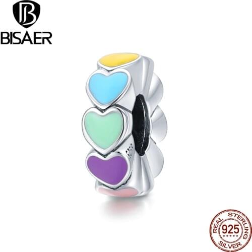 BISAER Genuine 925 Sterling Silver Colorful Heart Enamel Spacer Beads Fit Women Bracelet Bangles DIY Fine Jewelry Making ECC1838