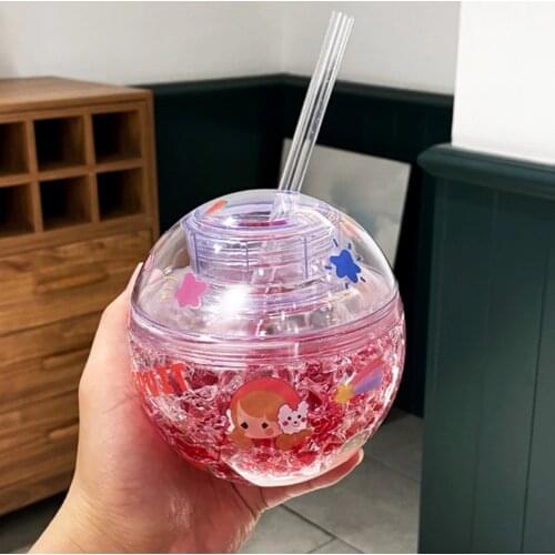 Happy Hour Earth Cup Double Layer Plastic Cup with Straw for Students and Adults Lovely Water Cup with High Appearance