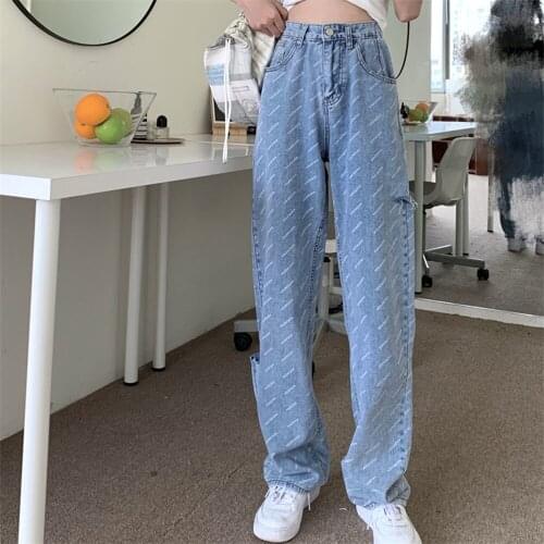 Korean New Hole Letter Print Baggy Pants Women High Waist Washed Blue Straight Jeans Personality Streetwear Denim Trousers
