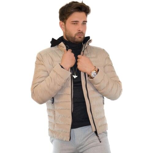 Kulemoda bej kapşonlu fermuarlı cep Slim Fit dolum erkek ceket