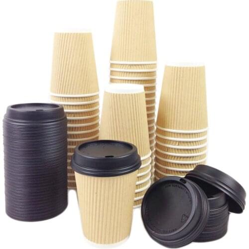[50 Sets - 12 oz.] Insulated Ripple Paper Hot Coffee Cups With Lids