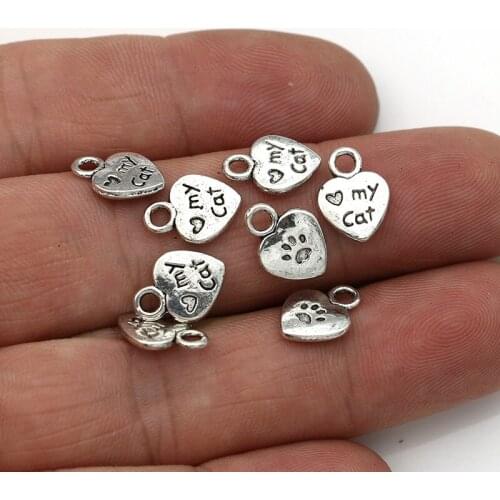 JAKONGO 20PCS Antique Silver Plated Love my cat Heart Charms Pendants for Jewelry Making DIY Handmade Accessories