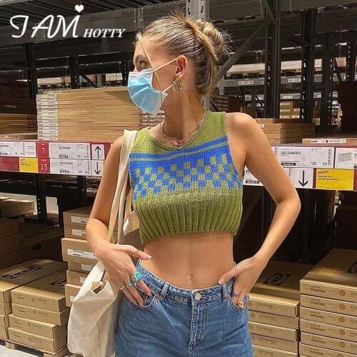 Checkerboard Plaid Sweater Vest Women Vintage Sleeveless Crop Top Harajuku Tank Tops Aesthetic Camisole y2k Knitwear Iamhotty