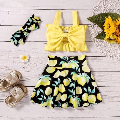 Three Pieces Kids Suit Set Summer Solid Color Sleeveless Tops Lemon Print Midi Skirt Headband Outfits