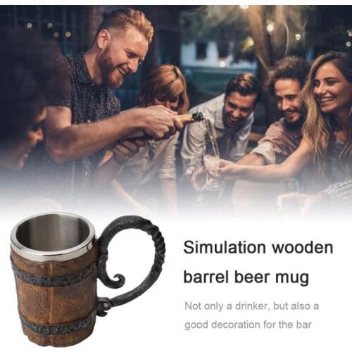New Viking Wood Style Beer Mug Simulation Wooden Barrel Beer Cup Double Wall Drinking Mug Metal Insulated 1PCS Bar Drinking Game