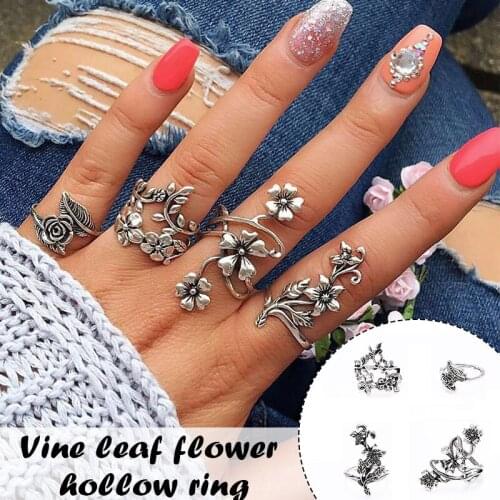 Set of 4 Wildflower Rings Vintage Style Hollow Ring Jewelry Gift for Women H9