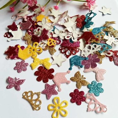 100pcs/lot New Mixed Glitter Leather Glitter Felt Crown Flowers Butterfly Bow Star Supply Birthday Applique DIY Accessories