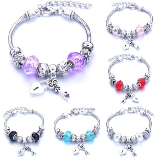 2021 latest glass bracelet lock core key pendant bracelet diy crown crystal beaded jewelry vintage ladies bracelet Pandora-style
