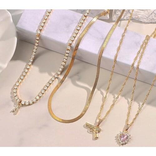 Punk Multi Layered Full Crystals Heart Letter Tennis Chain Necklace For Women Golden Pistol Twist Chain Necklace Pendant Jewelry