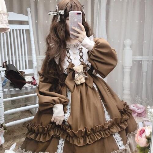 2021 Summer Vintage Japanese Lolita Girl Dress Women Soft Girl Wind Cute Fungus Lace Dress Long Sleeve Dress Cute