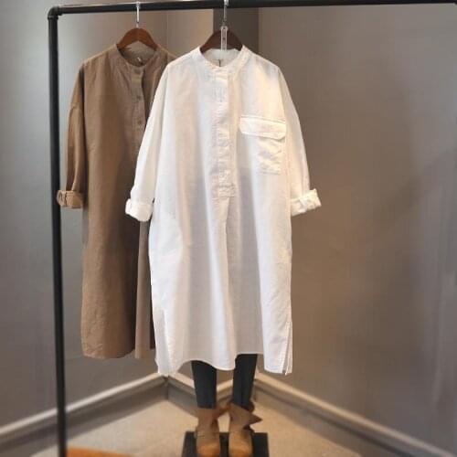 Cotton Linen Dresses Womens 2021 New Casual Boyfriend Style Slit Hem Front Single Pocket Long Sleeve Dress Female Hemp Clothes