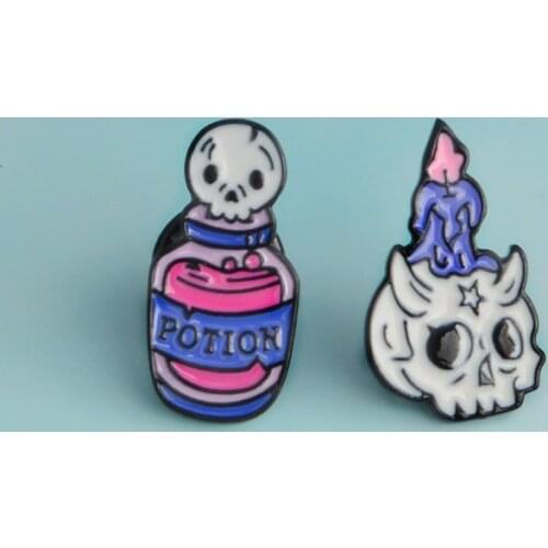 Halloween Kids and Friends Gifts Cartoon Skull Candle Death Potion Brooch Skeleton Elf Enamel Pin Leather Coat Lapel Badge