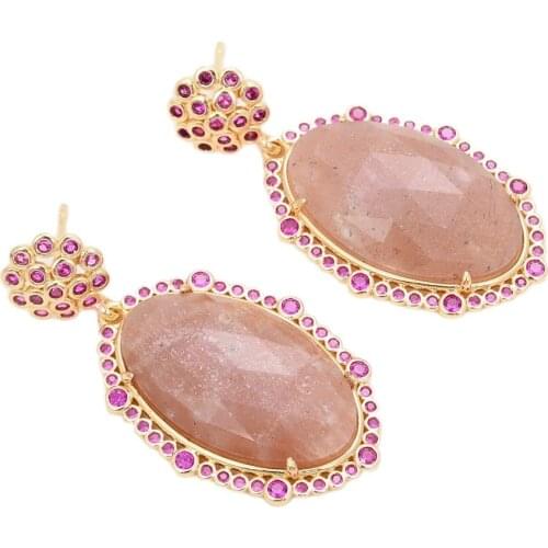 GG Jewelry 22x33mm Natural Faceted Oval Sunstone Cz Pave stud Earrings