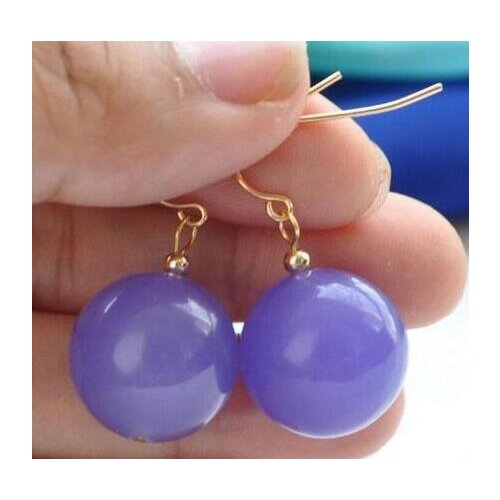 Natural Perfect Round Pair of 12mm purple Jade Earrings 14K