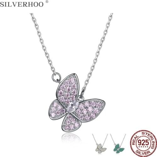 SILVERHOO Genuine 100% 925 Sterling Silver Butterfly Necklaces Pendant Dazzling Cubic Zirconia Necklace Womens Fine Jewelry