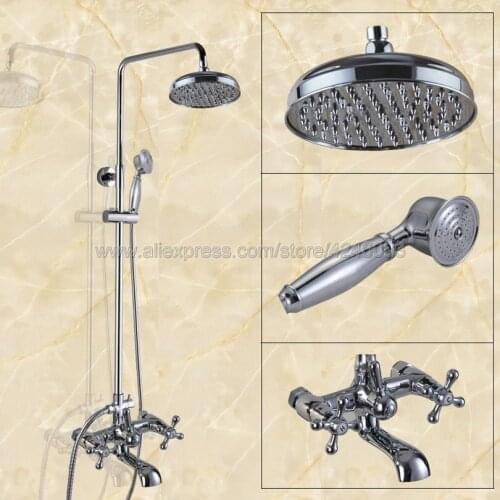 Solid Brass Chrome 8" Rainfall Shower Head Bathroom Shower Faucet Set Tub Mixer Tap with Hand Shower Kcy324