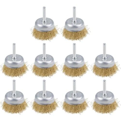Uxcell 10 pcs 2-Inch Wire Cup Brush Brass Plated Crimped Steel with 1/4-inch Shank