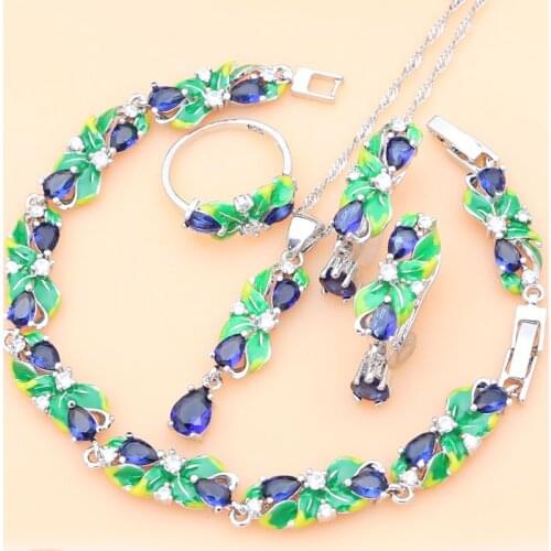 Drop Blue Sapphire Jewelry Sets 925 Silver Exquisite Enamel Earrings Charm Stone Bracelet Jewelry for Women Dropshipping