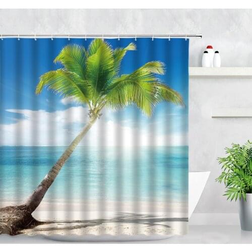 Sunlight Blue Sky Coconut Tree Shower Curtains Tropical Green Plants Ocean Scenery Waterproof Fabric Bathroom Decor Curtain Sets