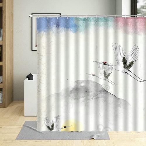 Chinese Style Birds Shower Curtains Water Color Flying Crane Plants Floral Polyester Fabric Waterproof Bathroom Curtain With Hoo