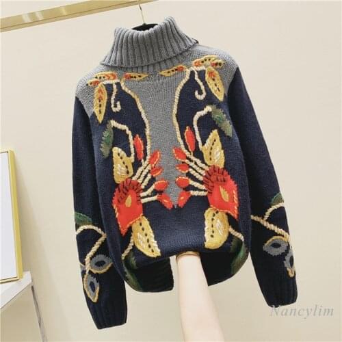 Jacquard Turtleneck Sweater Womens Handmade Crocheted Flower Embroidered Knitwear Tide 2021 Spring Winter Female Knitwear
