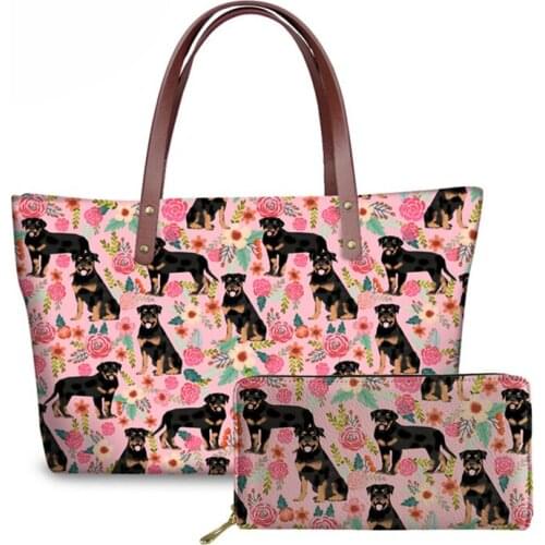 NOISYDESIGNS Rottweiler Floral Dog Printing Shoulder Bag Purse and Handbag Fashion Womens Handbags Designer Clutch for Female