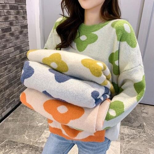 Women Flower Sweaters Pullover Crew Neck Oversized Cozy Jumpers Fall Winter Female Tops