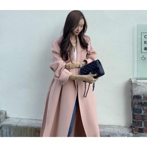 Winter Korean 2020 High End Women Long Side Split 90% Wool Handmade Pink Double Sided Wool Coat Lacing Belt Loose Woolen Jacket