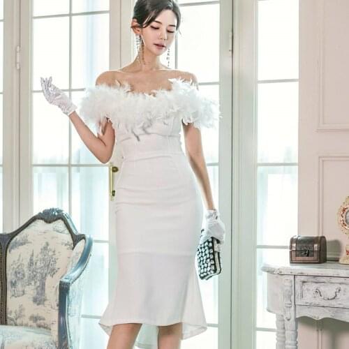 Womens Elegant Spring Dress 2020 Slash Neck Slim Black Midi Dresses Woman Party Night with Feathers White Club Dress Women Robe