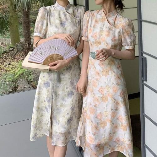 Korean Summer new fashion2021Elegant Dress for Women Short Sleeve Lace Floral Sweet Midi Dresses Office Ladies Cheongsam Dress