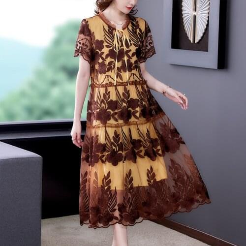 2021 Women Casual Vintage Beach Midi Dress Summer High Street Mesh Flroal Embroidery Dress Fashion Elegant Bodycon Party Vestido