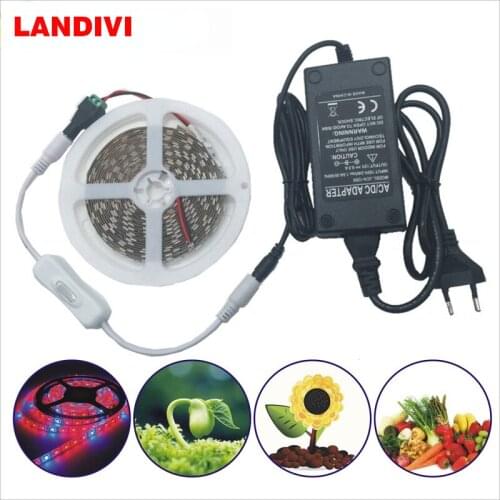 5M 5050 LED Grow Lights DC 12V waterproof Growing LED Strip Plant Growth Light Set with Power Adapter and Switch