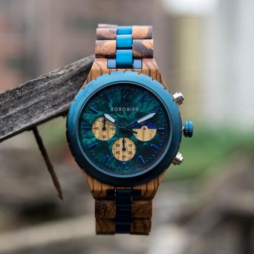 Delicate Quartz Chronograph Watch Marbling Natural Wood Wristwatch Men Timepiece Collection Day Night Display Personalized Gift