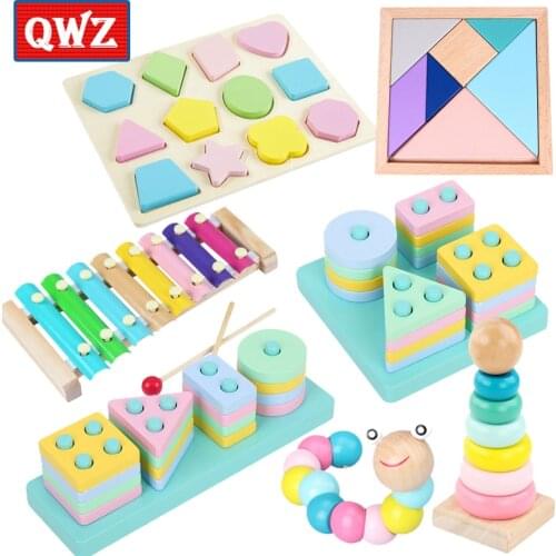 QWZ Montessori Wooden Toys Rainbow Blocks Learning Baby Music Rattles Graphic Colorful Educational Toy For Children Kids Gifts
