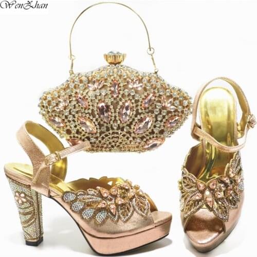 Nice Champagne Lady Fashion High Heel Shoes Matching Clutches Evening Bag For African Aso Ebi Party High Heel 10cm C211-2