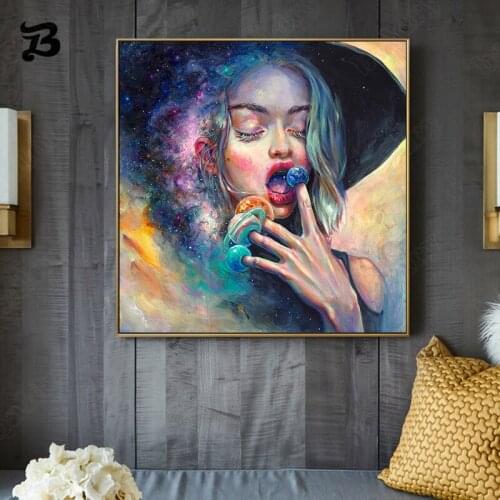 Canvas Painting for Living Room Candy Witch Eat Stars Starry Sky and Milky Way Posters and Prints Magical Girl Wall Art Decor
