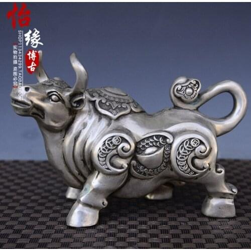 China antique miao Silver fengshui wealth bull Statue soar to the sky metal handicraft home decoration
