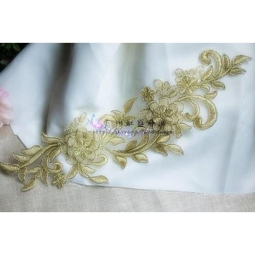 1 Pair/2 Pieces 32*8cm Luxury Gold Lace Patches 3D Flower Embroidery Lace Applique Trim Dance Dress Costume Decoration