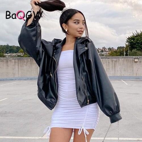 BAQGW Harajuku Punk Faux Leather Jacket 2020 Women Autumn Lantern Sleeve Vintage Jackets Elegant Black PU Coat Ladies Streetwear