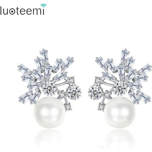 LUOTEEMI Fashion Stud Earrings for Women Simulated-pearl Wedding Party Shiny CZ Double Colors Jewelry Pendientes Christmas Gift
