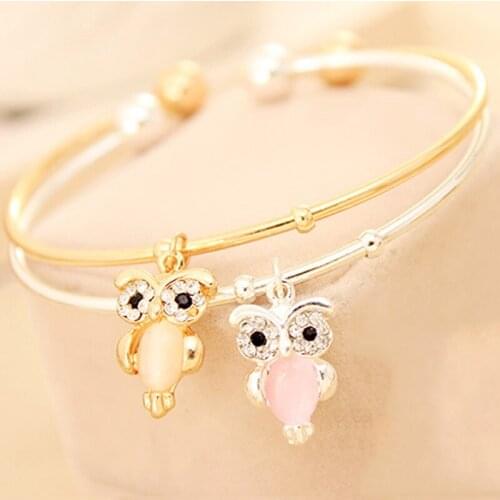 Lovely Opal Stone Owl Pendant Light Yellow & Pinl Animal Open Bracelets & Bangles for Women Fashion Jewelry