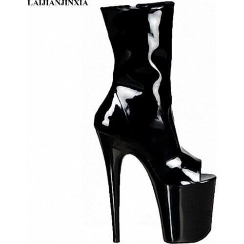New 20cm high heel black patent leather boots, zi sexy fish mouth non-mainstream female boots special price Dance Shoes