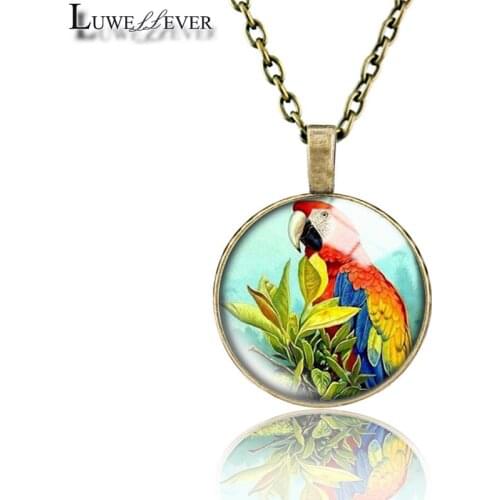 Parrot Necklace 657 25mm Bronze 30mm Wood Rhinestone Double-sided Moon Round Glass Pendant For Women Gift